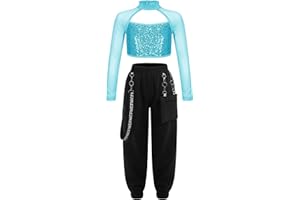 Miaeowve Kids Hip Hop Dance Clothes Girls Street Dance Outfits Mesh Sleeves Sequins Crop Tops and Jogger Pants Set
