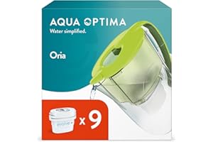 Aqua Optima Oria Caraffa Filtro Acqua e Cartucce Filtro Acqua 9 x 30 Giorni Evolve+, capacità 2,8 litri, per Riduzione di Microplastiche, Cloro, Calcare e Impurità, Verde
