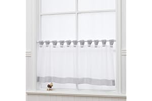 NSXIN Scheibengardine Voile Bistrogardine mit Schlaufen Transparente Vorhang Moderne Fenstervorhang Gardine Gaze Schals Fensterschal für Küche Wohnzimmer Landhaus (HxB 45x90cm,Graue Kante)