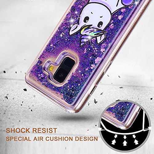 Cover per Samsung A8 2018 Custodia, Moevn Unicorno 3D Glitter Liquido Trasparente Sabbie Mobili Morbida TPU Silicone Bling Sparkle Quicksand Antigraffio Antiurto Protezione Case per Samsung Galaxy A8 2018 Smartphone (Viola)