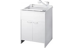 ADGO Set lavandino + mobiletto 60x60cm, lavandino economico con mobiletto, portasapone, rubinetto con testa estraibile, mobiletto base con 2 ante, sifone, colore bianco/argento