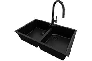 PRIMAGRAN Lavandino da Cucina Tutto Nero 78x50cm, Lavello in Granito a 2 vasche + Rubinetto 40x20cm + Sifone Classico, Lavabo Incasso al mobile 80cm - Madrid Twin S014