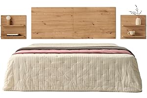 HOGAR24 ES Cabecero + 2 mesitas Colgantes con Baldas, Acabado Madera, Medidas 155 x 60 x 2 cm