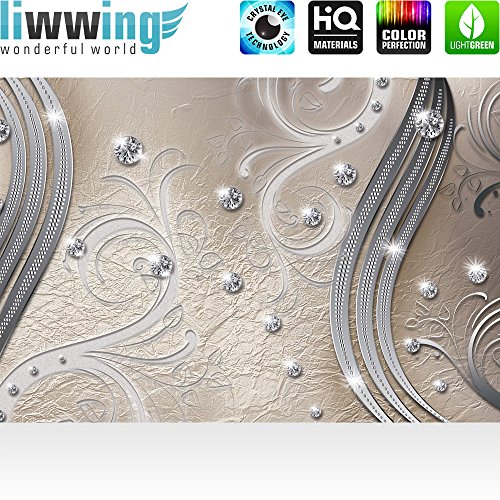 Vlies Fototapete 400×280 cm PREMIUM PLUS Wand Foto Tapete Wand Bild Vliestapete – Ornamente Tapete Abstrakt Perlen Ranke Diamant Blätter Schwung Streifen sepia – no. 557 - 2