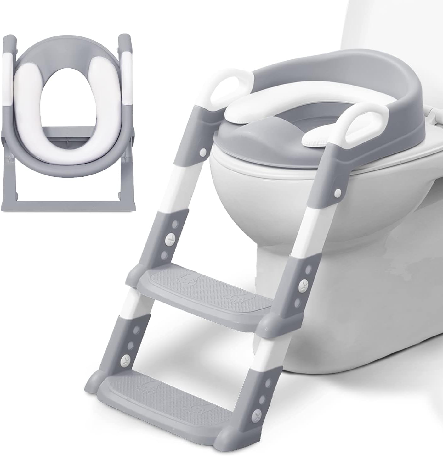 KIDOOLA Adjustable Potty Ladder Seat for Toilet Training with Steps, Handle & Soft Cushion Design, Non-Slip | Space Efficient | Foldable & Easy Assembly Splash Guard Included - Grey