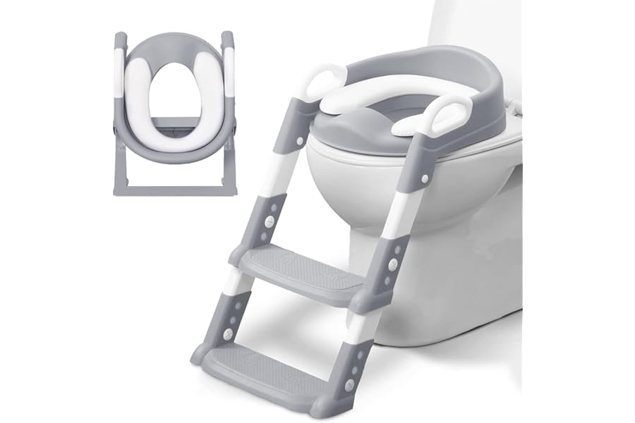 KIDOOLA Adjustable Potty Ladder Seat for Toilet Training with Steps, Handle & Soft Cushion Design, Non-Slip | Space Efficient | Foldable & Easy Assembly Splash Guard Included - Grey