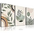Sage Green Boho Wall Art Set of 3, Boho Room Decor, Mid-Century Modern Wall Art Prints, Framed Neutral Geometric Canvas Prints Green Wall Art Sun Rainbow Leaf Mountain Minimalist Artwork 12" X 16" for