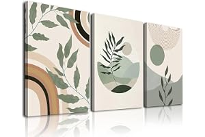 Sage Green Boho Wall Art Set of 3, Boho Room Decor, Mid-Century Modern Wall Art Prints, Framed Neutral Geometric Canvas Prints Green Wall Art Sun Rainbow Leaf Mountain Minimalist Artwork 12" X 16" for