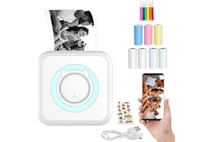 LIEBERWELL Mini Portable Imprimante Thermique de Poche avec 7 Rouleaux Papier, Photo Instantanée sans Fil Bluetooth Compatible avec iOS Android pour Image, Étiquette Impression sans Encre