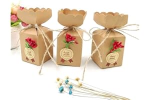 JZK 50 kraftowych pudełek upominkowych + sznurek jutowy + kwiaty + naklejki, papierowe pudełko na słodycze na ślub, urodziny, boże narodzenie, baby shower, przyjęcie z okazji ukończenia szkoły