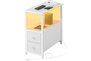 ‎ROLANSTAR Rolanstar Beistelltisch mit Steckdosenleiste, Schmaler Nachttisch mit 2 Schubladen, Sofatisch aus Holz für kleine Räume Wohnzimmer Schlafzimmer, weiß, 58L x 28B x 60H cm