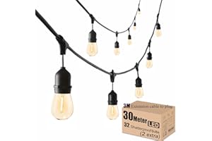 MEIDAODUO Festoon Lights Outdoor LED Mains 30 Meters Outdoor String Lights 30 E27 Waterproof, 32pcs LED Shatterproof Patio String Lights for Garden Party Wedding Backyard