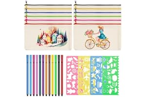 Bestomrogh 12 Stück Leinwand Federmäppchen zum Bemalen, Mehrfarbige DIY Blanko Stoffbeutel mit 12 Farbigen Stiften und 4 Zeichenvorlagen für Reisen Schule Kindergeburtstag Basteln