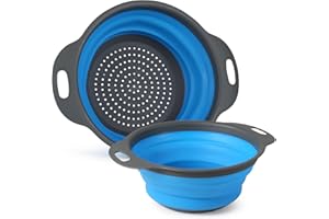 FHISKUNYU 2-Stk Faltbarer Seiher Sieb Fruit Küche Silikon Klappbar Abtropfsieb Nudelsieb Set, Küchensieb Abwaschschüssel von Nudeln, reis waschschüssel, and Dishes (Blue)