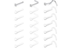 Mayhoop 16-24 Pcs Clear Nose Studs Bioflex Retainers Acrylic & Stainless Steel CZ Flexible Nose Retainers Studs L Shaped Nose Rings Bone Pin Nose Studs Screw 18G 20G 22G for School Work