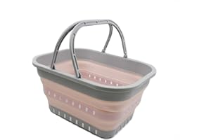 SAMMART Bacinella pieghevole da 19 litri con manico, cestino portatile da picnic all'aperto, borsa per la spesa pieghevole, contenitore salvaspazio (1, grigio/rosa)
