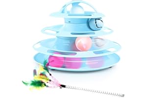 Pecute Jouets Chat 2 en 1, Jouet Labyrinthe Chats 4 Couches, Jouet Balles pour Jeu Chat Chaton, Jouet Chat Interactif avec l'herbe à Chat, Clochettes et Plumes (Bleu)