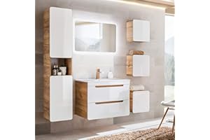 Lomadox Badmöbel Set, Hochglanz weiß mit Wotan Eiche Nb., 80 cm Waschtisch-Unterschrank mit Keramik-Waschbecken, 50 cm LED-Spiegel, Hochschrank & 3 Hängeschränke