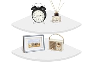 Homode Corner Wall Shelf, 12 in Wide Rounded Corner Shelf Floating, Set of 2 Wooden Hanging Corner Shelves with Wire Hole for Bathroom Living Room Office, White