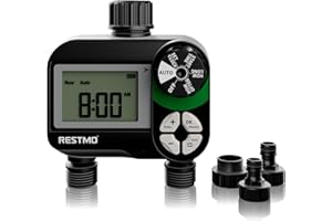RESTMO Water Timer 2 Outlets, Irrigation Hose Timer with Rain Delay/Manual/Automatic Watering System for Outdoor Faucet, Garden Sprinkler, Yard and Lawn