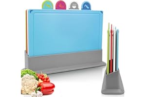 BOCHION Chopping Board Set of 4, Coloured Plastic Chopping Boards with Stand and Food Icons, Multipurpose Anti-Slip Surface, Cutting Boards Easy to Clean & Prevents Food Cross Contaminaton