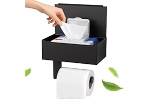 Toilettenpapierhalter Schwarz, Heatigo Klopapierhalter Ohne Bohren mit Feuchttücherbox Klorollenhalter, Toilettenpapierhalter mit Ablage für Badezimmer, Selbstklebend or Bohren (20.4cm *14cm* 7.3cm)