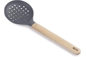 LACOR 68188 Espumadera Silicona Unite, Paleta Agujereada Profesional, Mango de Madera de Haya, No Daña la Sartén, Resistente a Altas Temperaturas, Libre de BPA, Largo: 34 cm, Ø11, Gris
