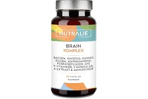 Nootropisk Brain Complex, Koncentration Minne, Ginkgo Biloba | Kolin Bacopa Monnieri L-Tyrosin Ginseng Vitaminer, 60 Kapslar
