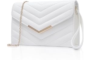 Larcenciel Pochettes et Clutches Femme avec Poignet – Sac à Main Blanc Élégant en Cuir avec Chaîne Amovible, Pochette Bandoulière Femme Design V Tendance pour Mariage, Cocktail, Fête(23x15.6x5.7cm)