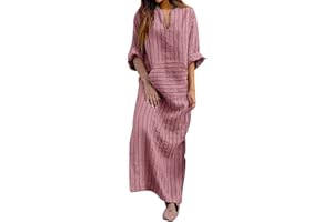 ZEIAYUAS Womens Summer Shift Dresses UK Cotton Linen Maxi Dress with Pocket Ethnic Striped Tunic Dress V Neck Roll Up Long Sleeve Casual Dress Vintage Plus Size Long Dresses Baggy Holiday Beach Party Dress