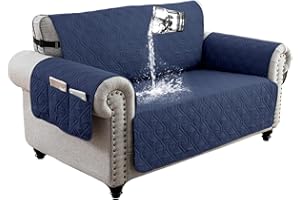 QQJIN 100% Waterproof Sofa Cover 2 Seater, Non-Slip Sofa Slipcover with 6 Side Pocket, Sofa Protector with Adjustable Elastic Strap for Kids, Dogs,Navy Blue,2 Seater