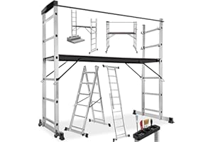 tectake® Escalera Plegable Aluminio, Escalera Telescópica Multiusos 4 en 1: Escalera Extensible, Escalera de Tijera, Andamio Simple, Andamio Para Desniveles, con Ruedas, Estable, Carga Max. 150 kg