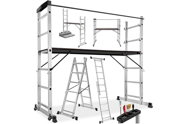 tectake® Échelle Multifonction 3 en 1 Échafaudage Roulant en Acier Plateforme de Travail Antidérapante Échelle Téléscopique Échelle Pliante Escabeau Pliant Bricolage Peinture Toiture