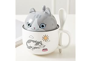 Xfeyaqlo Kubek do kawy, kubek na sok, śliczny kubek z kreskówek o dużej pojemności, kreatywna pokrywka z podwójnym zastosowaniem, ceramiczny kubek z łyżeczką (kot z krótkim uszem)
