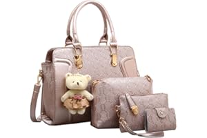 FiveloveTwo Women Tote Satchel Shoulder Bag PU Top Handle Bag Clutch Card Holder with Bear Ornaments