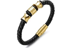 HALUKAKAH Niños ● Solo Junior ● Pulsera Ninos Cuero Genuina Negro 6-12 AÑOS Perlas de Titanio Acero Inoxidable de Plata/Oro Cierre Magnético 7"/18cm con CajaDeRegalo
