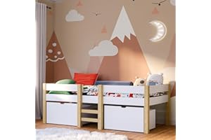 ‎BELLABINO Bellabino Aspy Kinderbett 90x200 cm – Hochbett mit 2 Schubladen, Rausfallschutz & Lattenrost – Halbhochbett mit Leiter aus Kiefer Massivholz in Weiß/Natur – Jugendbett mit Stauraum