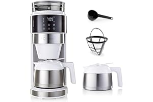 BARISTA KAFFEE & TECHNIK Barista Machine à café blanche avec écran tactile digital 800W + broyeur intégré et carafe isotherme | Cafetière filtre avec moulin à café et verseuse thermique