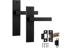 Decoranddecor Lumina Matt Black Backplate Door Handles Set with 2.5in Fire-Rated Tubular Mortise Latch – Contemporary Internal Door Handles, Art Deco Design for Residential & Commercial Interiors