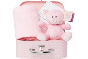 Baby Box Shop Newborn Baby Gift Set – Baby Hamper with Pink Teddy Bear, 16 x Milestone Cards & Soft Fleece Blanket – Ready to Gift for Baby Showers for Newborn Girls