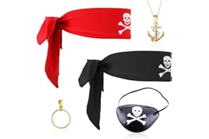 SKHAOVS Lot de 5 accessoires pour déguisement de pirate, foulard de pirate, patch œil de pirate, collier de pirate, costume de capitaine pirate pour Halloween, carnaval enfants, femmes et hommes