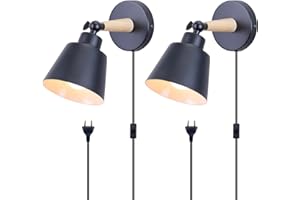 TOKIUS 2 Piezas Apliques de Pared Interior Moderno Lámpara de Pared para Dormitorio en Madera y Metal E27 Iluminación Ajustable Luz de Muro para Salón Pasillo (Negro, con Interruptor Enchufe)