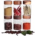 SAIOOL 6 Pcs Small Glass Spice Jars with Label,High Sealing Threaded Mouth,with Black Printed Spice Labels - 8.79oz /260ml*6 ,Empty Cylinder Spices Bottles ,Storage Jars with Airtight Screw Lids