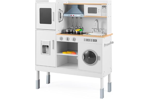 COSTWAY Träbarnkök med ljus och ljud, träkök med tavla, mikrovågsugn, diskbänk, ugn och förråd, accessoarer, leksakskök för barn från 3 år