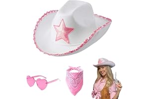 WINNSELL Cowboy Hat Women, Felt Fluffy Feather Trim Cowgirl Hat,Wide Brim Fancy Dress Cowgirl Hats with Heart Glasses Bandana Scarf for Halloween Birthday Bachelorette Party