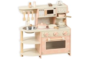 WOODENFUN Cuisine en bois pour enfants âgés de 3 à 8 ans, cuisine Pretend Play pour tout-petits avec design réaliste, accessoires de cuisine, cafetière, four, micro-ondes, lavabo