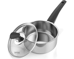 Stainless Steel Saucepan, SAYESO 16cm/1.5L Classic Milk Pan Cookware with Lid, High-Temperature High-Pressure Stamping, Gas, 