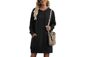 Litherday Damen Hoodie Lang Sweatshirts mit Kapuze Langarm Kapuzenpullover Kleid Sweatkleid Casual Minikleid mit Taschen