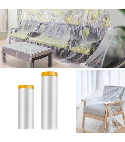 AFASOES 5 Rolls Dust Sheets Roll Plastic Masking Film Rolls Pre-Taped Dust Sheets Adhesive Dust