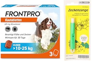FRONTPRO Kautabletten für Hunde 10-25 kg 3-Monats-Packung zum Schutz gegen Zecken und Flöhe mit Zeckenzange: Schützt bis zu 3 Monate